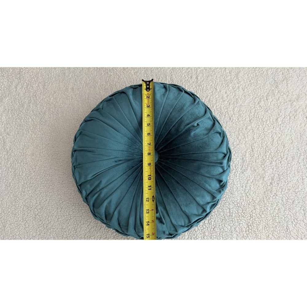 Round Velvet Throw Pillow Pumpkin Teal Blue Green Tufted Pleated Cushion Decor - Picture 13 of 16